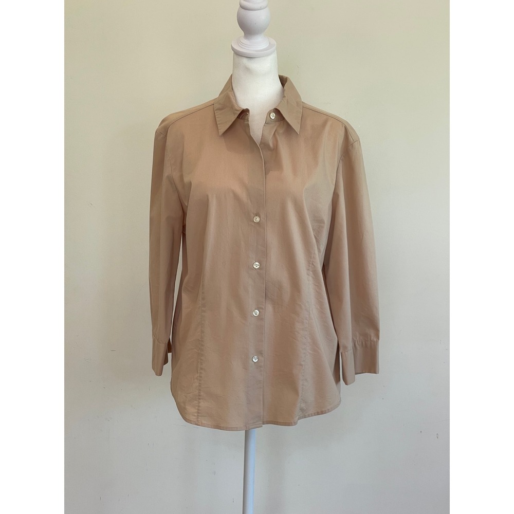 Womens Tan Beige Button Down Long Sleeve Tailored Blouse Shirt Size L